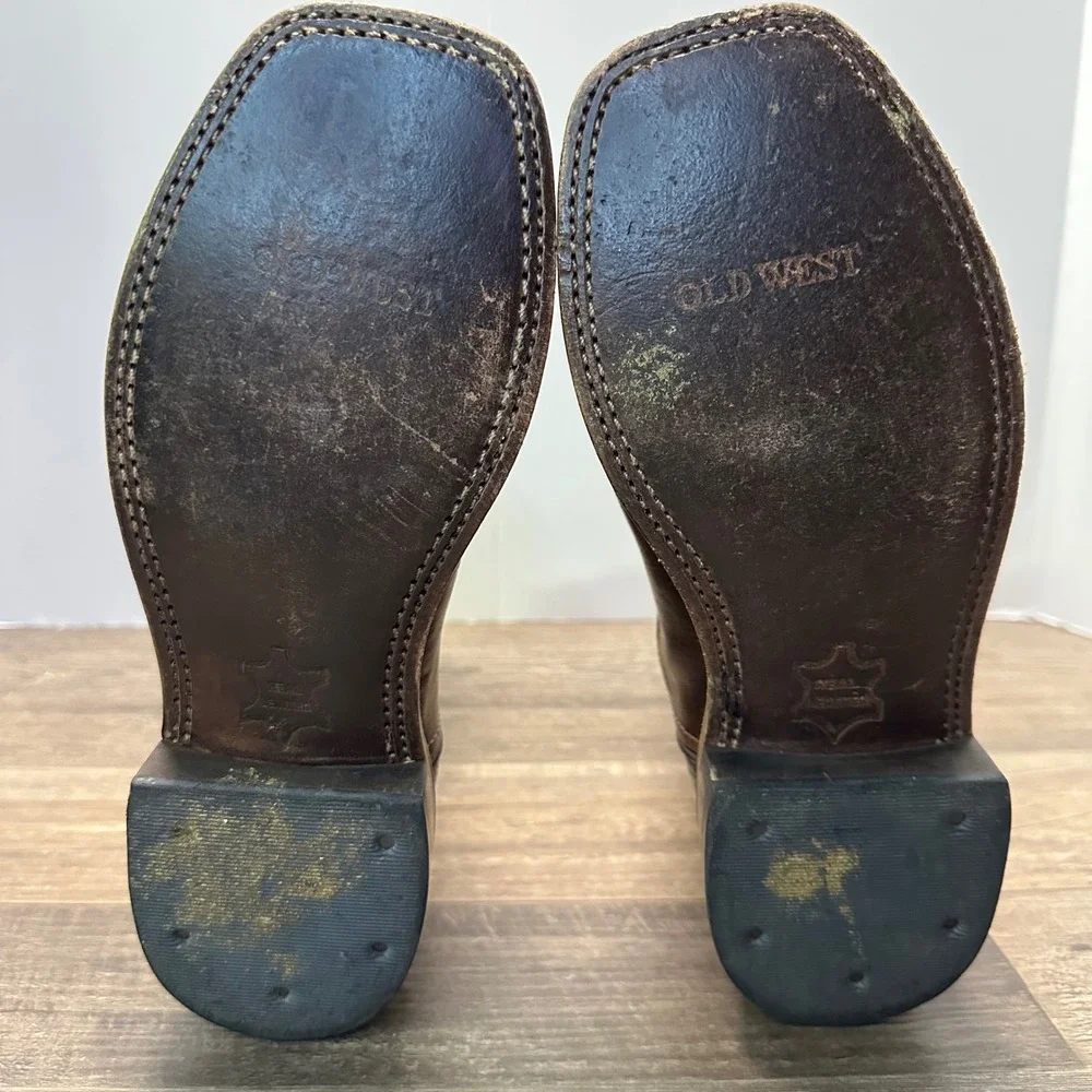 Old West Kids Boys Brown Leather Square Toe Western Cowboy Boots BSY1807 Size 4D